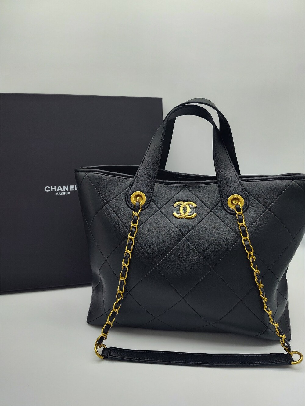 CHANEL Makeup VIP Quilted Black Tote Bag Gold Chain Strap Presentation Box NIB